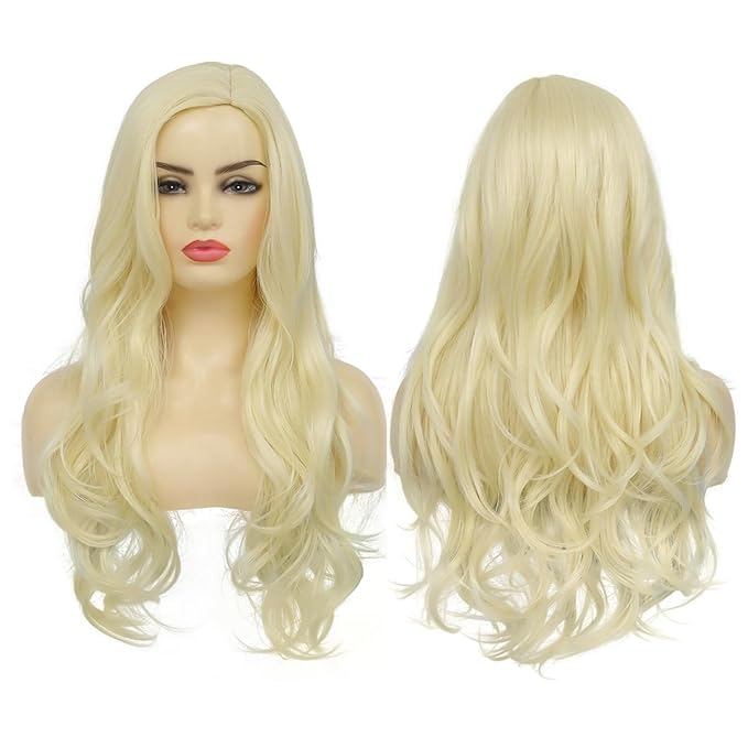 Baruisi Long Curly Wavy Blonde Wigs for Women Side Part Natural Looking Cosplay Synthetic Heat Resistant Replacement Wig