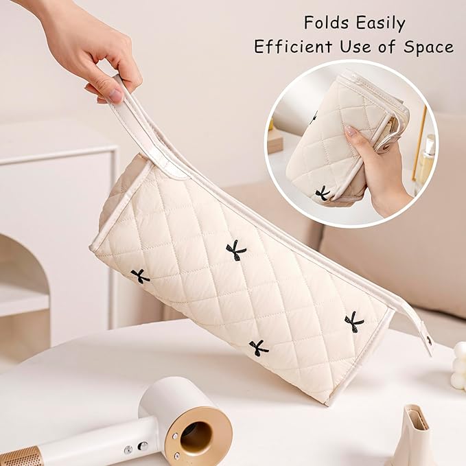 Large Quilted Hair Tools Travel Bag,Aesthetic Waterproof Hair Styling Accessories Storage Case for Flat Irons,Straightener,Curling Iron,Hair Dryer,Dyson Airwrap Travle Bag（05White Bow）