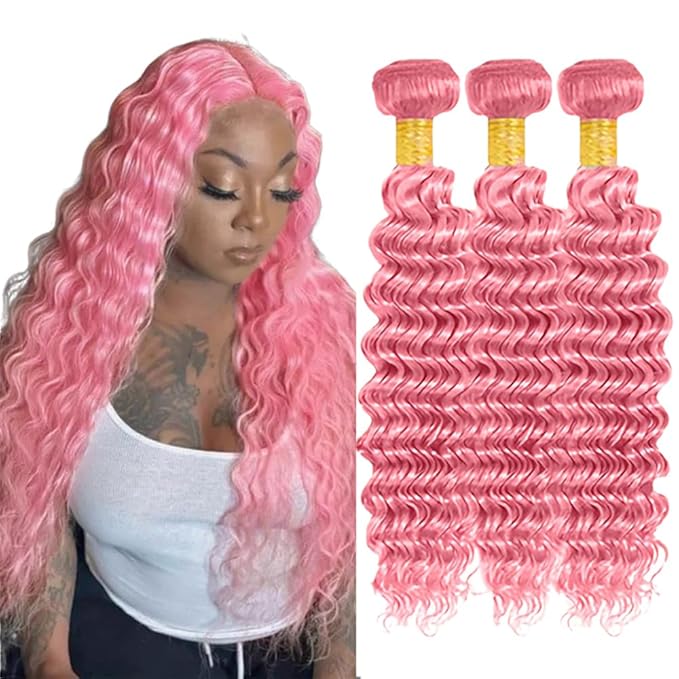 Light Pink Deep Wave Bundles Pink Human Hair Bundles 18 20 22 Inch Peruvian Grade 8A Virgin Remy Hair Extensions Double Weft Pure Pink Hair Weave
