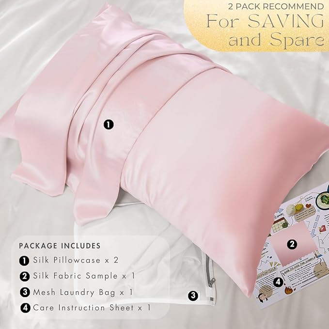 PROMEED 23 Momme Silk Toddler Pillowcase 2 Pack with Free Laundry Bag, Natural Highest Grade 6A+ 100% Mulberry Silk Pillow Case Set of 2, Zipper (Toddler/Travel 13"x18", Pink)