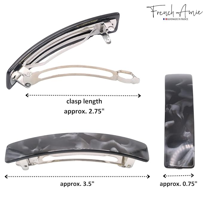 French Amie Oblong Handmade 3.5" Celluloid Hair Barrette Clip Women Hair Accessories, Made in France (Black Finish)