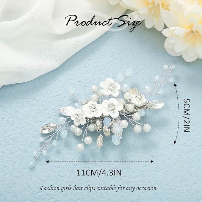 Latious Flower Wedding Hair Clip Silver Pearl Bridal Hair Barrettes Rhinestones Hair Piece for Women and Brides