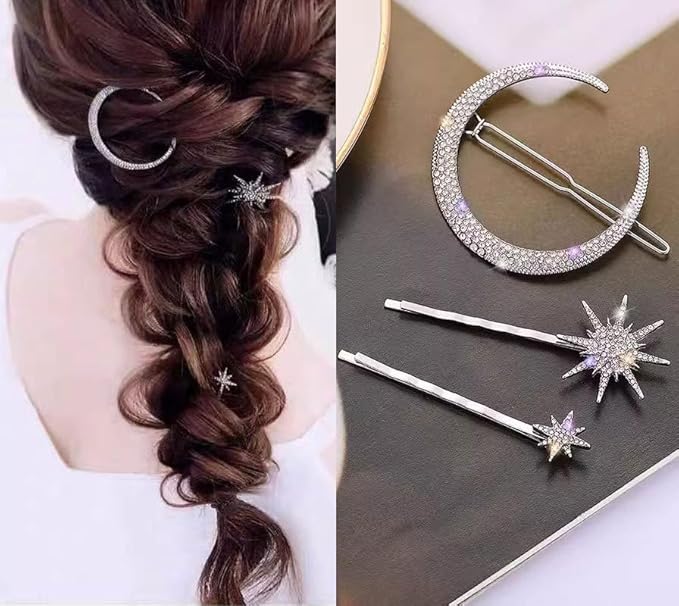 mdgfge 6 Pieces Rhinestone Stars Moon Hair Clips Vintage Star Hairpins Crystal Decorative Bobby Pins Metal Alloy Hair Pins Snowflake Side Clip Hair Accessories for Women (Silver, Gold)