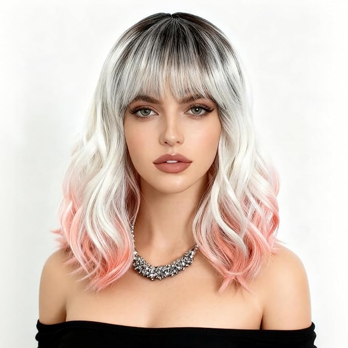 NOBLE Colourful Short Bob Wigs with Bangs for Women 3 Tone Ombre Greyish white root to Pink Color Short Wavy Bob Hair Wig Shoulder Length Synthetic Heat Resistant Bob Wigs