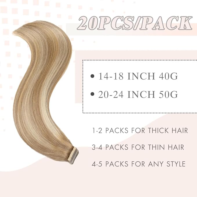 Tape in Hair Extensions Human Hair Balayage Medium Brown Mixed Dark Blonde Remy Hair Extensions 20pcs 14 Inch Skin Weft Straight Invisible Human Hair Tape in Extensions (10/10/22#,14 Inch)