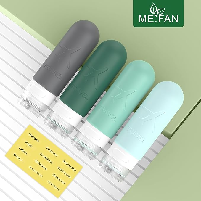 ME.FAN 4 Pack Blue Silicone TSA Approved 3oz Travel Size Containers, Travel Bottles for Toiletries, Shampoo, Lotion