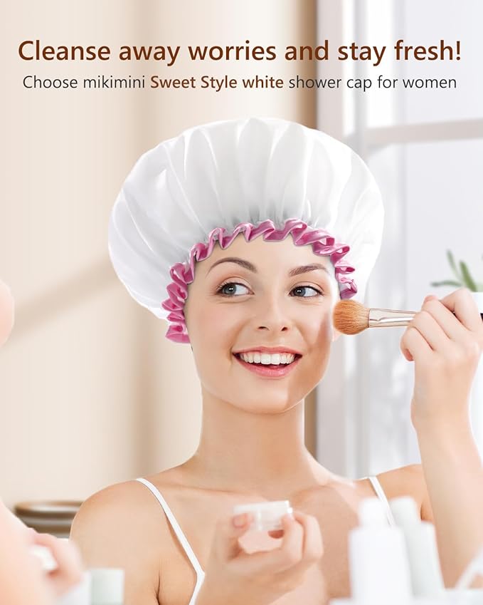 mikimini White Shower Cap Pack of 2 Waterproof Reusable Double Layers Bathing Hair Caps with Soft Comfortable PEVA Lining, Cute, Non-fading & Stretchy Shower Hat Medium White