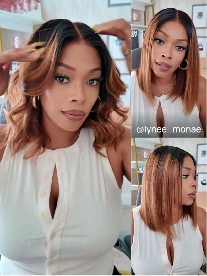 YIROO Chestnut Brown Ombre Yaki Straight Bob Wig Human Hair, 13x4 Lace Front Glueless Wig with Drawstring, Pre Everything Pre Cut Pre Plucked Pre Bleached Knots Natural Hairline Short Bob Wig 10Inch