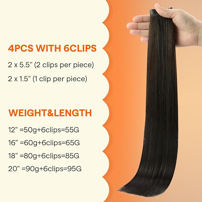 Full Shine Dark Brown Seamless Clip in Hair Extensions Human Hair, 12Inch Hair Extensions for Women, Fill ins Invisible PU Skin Weft Clip ins for Thin Hair Add Thickness, 4Pcs12inch 55Grams