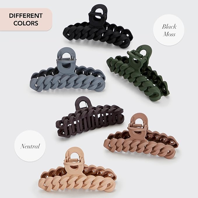Kitsch Recycled Plastic Large Claw Clip, Big Chain Hair Clips for Women, Big Claw Clips for Thick Hair | Ideal Gifts for Women, (3pc Set Large Neutrals)