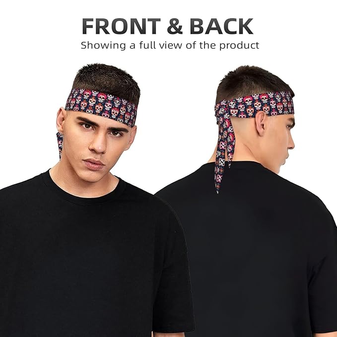 Men's Women Lovely Sports Sweat Band Hair Decor for Sports Workout Spa, Long Boho Style Day Dead Floral Rose Sugar Skull Head Ribbon Headwear