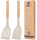 Pack of 2 Silicone Cooking Spatula, Heat Resistant Solid Turner, Non Stick Slotted Spatulas with Wooden Short Handle,Ideal Wood Kitchen Utensils Set for Frying, Baking, Flipping, Turning