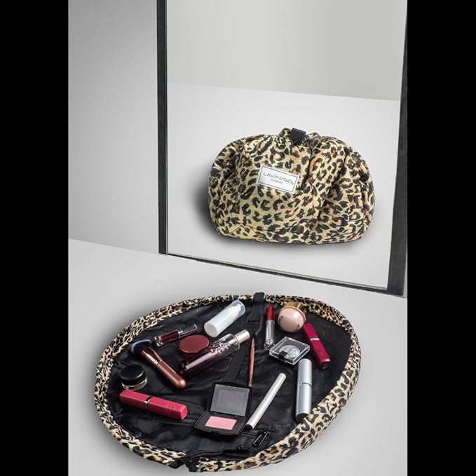 Lay-n-Go Cosmo Layflat Drawstring Cosmetic & Makeup Bag Organizer w/Zipper Pocket, Brush Loops & More, Cinch to Close, Lay Flat to Use, Durable, Machine Wash, Travel Toiletry Bag (22", Leopard)