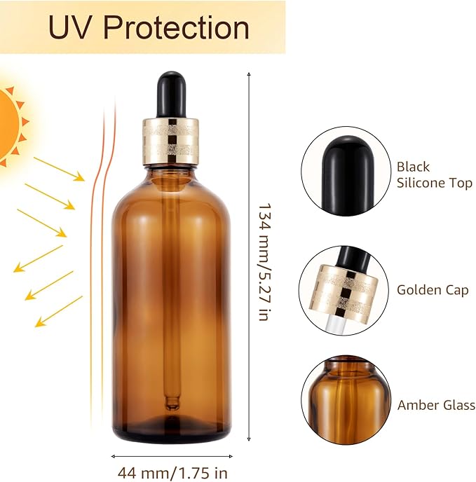 10 Pack 100ml Amber Glass Dropper Bottles with Droppers, Funnels & Labels for Essential Oils, 3.38oz Eye Dropper Bottles with Golden Caps, Brown Empty Glass Tincture Vials for Travel