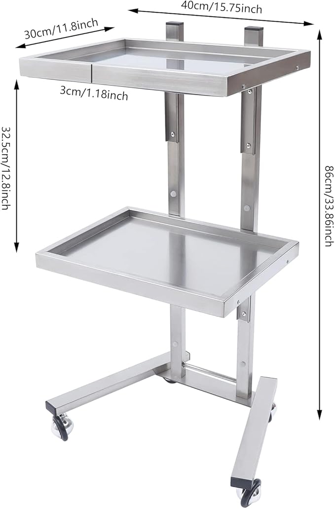 2 Tier Foldable Tray Trolley, Stainless Steel Salon Storage Metal Rolling Cart Mobile Hairdressing Tool Organizer with Wheels for Hair Salon, Studios, Spa Salons (Silver)