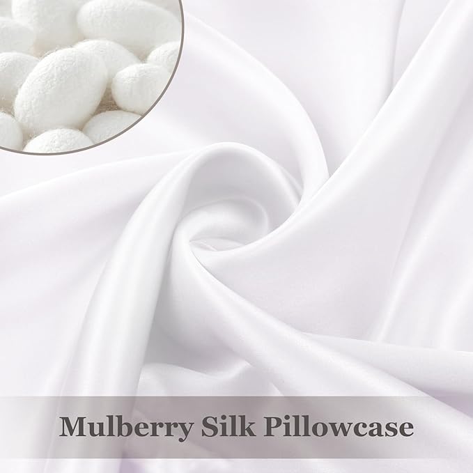 Adubor Silk Pillow Case 2 Pack for Hair and Skin with Hidden Zipper, Both Sides 23 Momme Silk Pillowcase (White, King: 20''X36'')