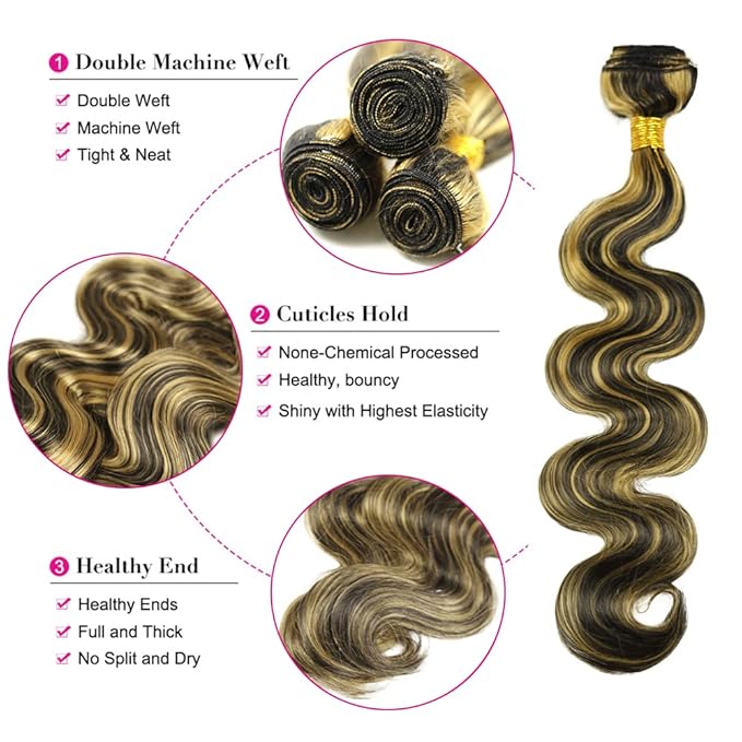 Highlight Bundles Human Hair Blonde Body Wave Bundles 26 Inch Niegmeag Brazilian Virgin Soft and Silky Remy Hair Extensions 2 Tone Black and Honey Blonde Bundle