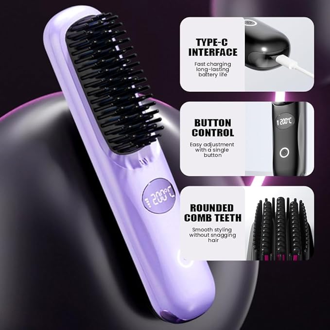 Cordless Hair Straightener Brush: Portable Rechargeable Heated Straightening Comb with LED Display & 3 Temperature Settings - Travel Hair Brush for Smooth Frizz-Free Styling (Purple)