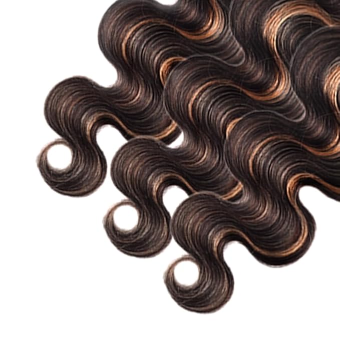 Highlight Bundles Human Hair Light Brown Body Wave Bundle Niegmeag Brazilian Virgin Remy Hair 3 Bundles 18 20 22 Inch Double Weft 2 Tone Black and Light Brown Bundle P1B30 Color