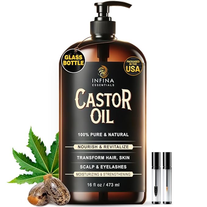 Pure Cold Pressed Castor Oil - Hexane Free, Glass Bottle for Hair Growth, Face, Scalp, Skin & Eyelashes - Nourishing and Moisturizing - 16 fl oz
