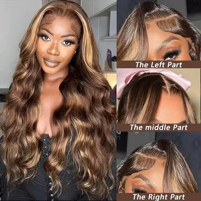 Honey Blonde Lace Front Wig Pre Plucked 13x6 HD Lace Front Wigs Human Hair 220 Density Ombre Highlight Wig Body Wave Wig P4/27 Colored for Women Human Hair Wig 28 Inch