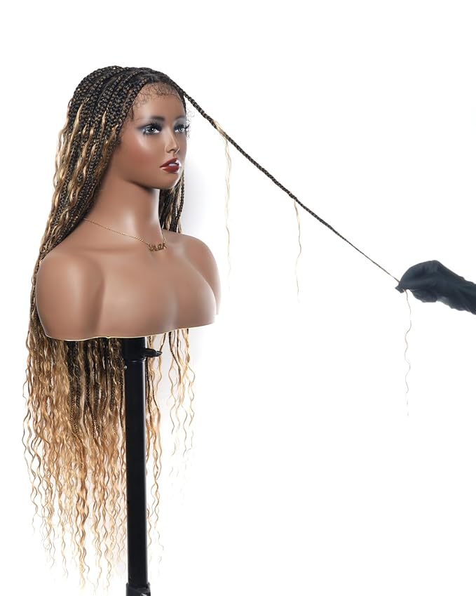 Human Hair Boho Curls Hand-Tied HD Full Lace Wig - 36" Salon-Level Small Box Synthetic Braids (100 Braids, High Density) Pre-Cut Swiss HD Lace, Pre-Plucked, Tangle-Free - 1B/27 Honey Blond