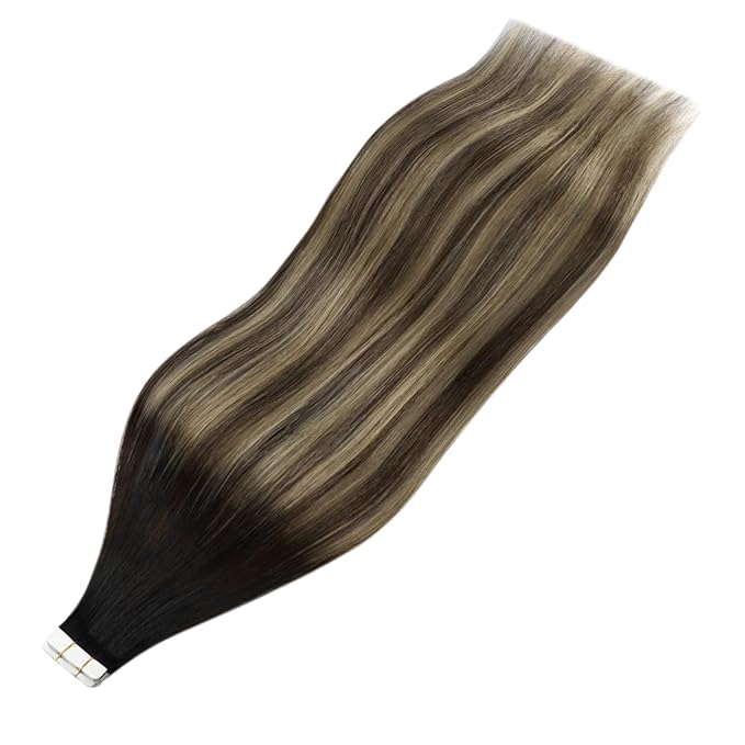 YoungSee Human Hair Tape in Extensions Black Balayage Tape in Hair Extensions Human Hair Black Ombre Brown with Caramel Blonde Tape-in Extension Ombre Hair Extension Tape-in 16 Inch 20pcs 50g