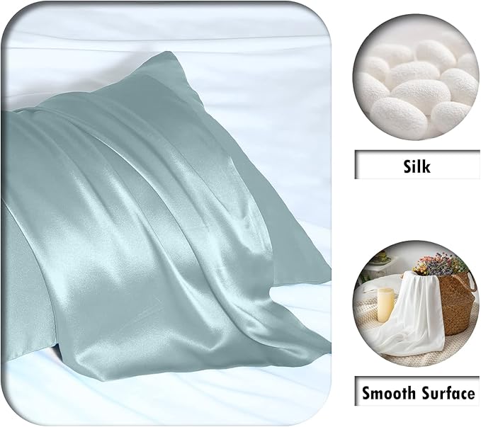 Natural Mulberry Silk Pillowcase for Hair and Skin Queen Size 20"X30" Case with Hidden Zipper Soft Breathable Smooth Cooling Pillow Covers for Sleeping(Haze Blue,1Pcs)