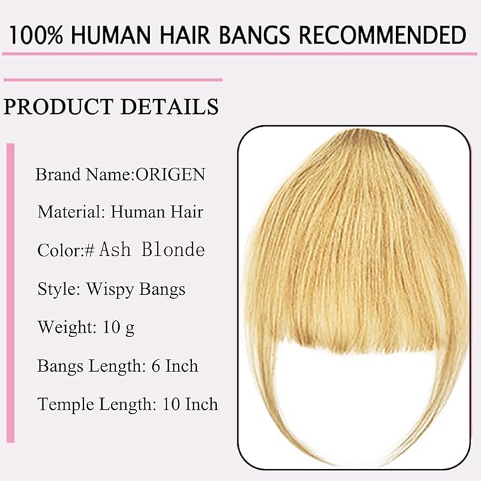 ORIGEN Clip in Bangs Real Human Hair Clip on Wispy Bangs Fringe with Temples Hairpieces Fake Front Bangs Extensions for Women Ash Blonde Color