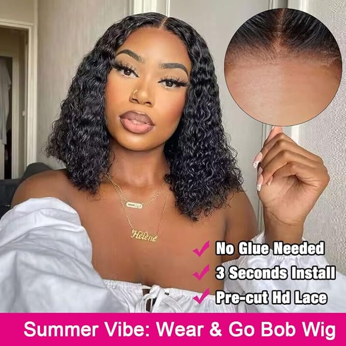 GOLFMAX 16 Inch Glueless Wigs Human Hair Pre Plucked Pre Cut Curly Bob Wig Human Hair Wear And Go Glueless Wigs 4x4 Lace Closure Short Human Hair Wig