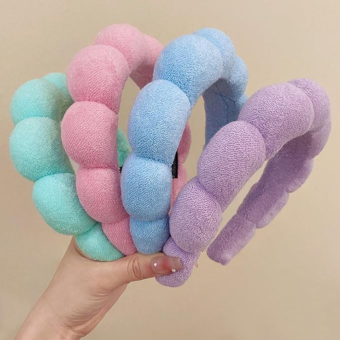 Spa Headbands for Washing Face or Makeup, Sponge Bubble Skincare Headbands, Puffy Terry Cloth Hairband for Women, Skin Care Makeup Headwear Hair Accessories for Girls(Pink)
