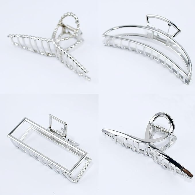 4 Pcs Large Metal Hair Claw Clips for Women, Non-slip Claw Clips with Strong Hold Jaw, Fashion Accessories for Thin Thick Long Curly Hair (Silver1)