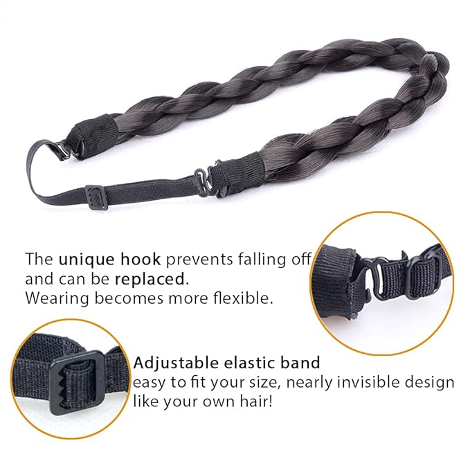 DIGUAN Chubby Narrow Synthetic Hair Braided Headband Classic Chunky Plaited Braids Elastic Stretch Hairpiece Women Girl Beauty accessory, 58g (Deep Brown)