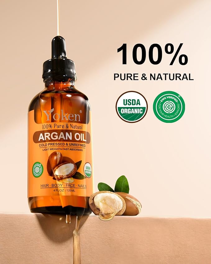 Organic Argan Oil for Hair 4 Fl Oz, USDA Pure and Natural Morocco Argan Oil, Argon Oil For Hair, Scalp, Face & Skin Care, 100% Cold Pressed Hair Conditioner, Unrefined Argon Nails Carrier Oil