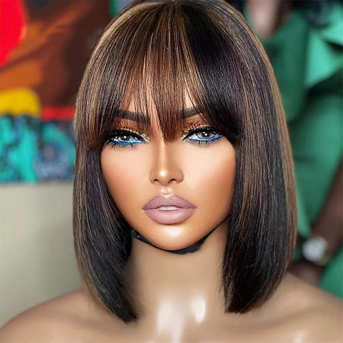 Bob Wig Human Hair with Bangs Glueless 2.5x1 HD Lace Colsure Wigs Human, Bob Wig with Brown Highlights, Wear to Go Short Wigs For Women Beginner Friendly 10 Inch
