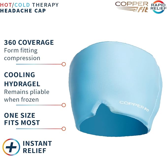 Copper Fit Rapid Relief PRO Migraine Headache Relief Cap, Soothing Ice Pack Mask Products, Cooling Gel Hat, Face Cold Compress Head Wrap for Tension, Stress, Sinus, Hangover– Class 1 Medical Device