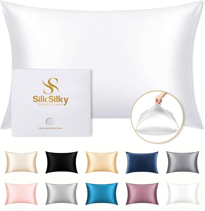 SilkSilky 100% Mulberry Silk Pillowcase - Pure 22 Momme High-Grade 6A Fibers for Hair & Skin, Envelope Closure, Natural, Organic, Breathable & Cooling Pillow Case (Standard, White)