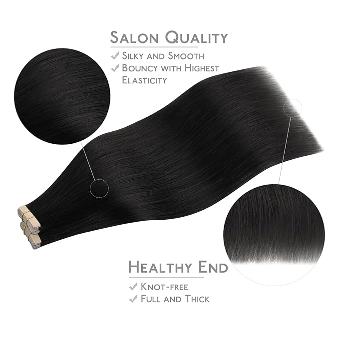 WENNALIFE Tape in Hair Extensions Human Hair, 40pcs 100g 16 inch Jet Black Hair Extensions Real Human Hair Straight Tape in Extensions Invisible Human Hair Extensions Reusable Real Hair Extensions