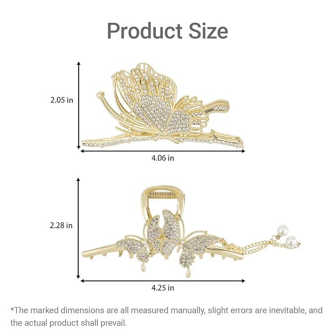 2PCS Gold Double Butterfly Rhinestone & Pearl Claw Clips, Bling Large Hair Clips for Women Thick Hair, Chic Hair Accessories