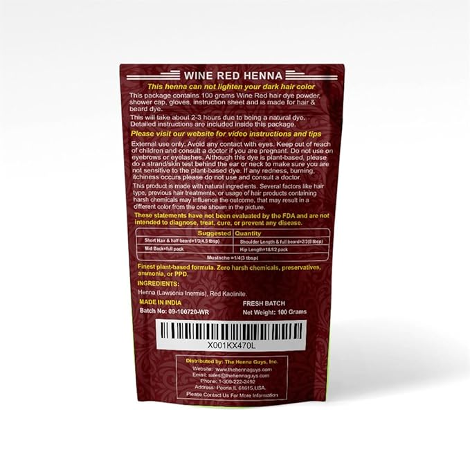 1 Pack Of Wine Red Henna Hair & Beard Color/Dye 100 Grams - Natural Hair Color, Plant-based Hair Dye - The Henna Guys