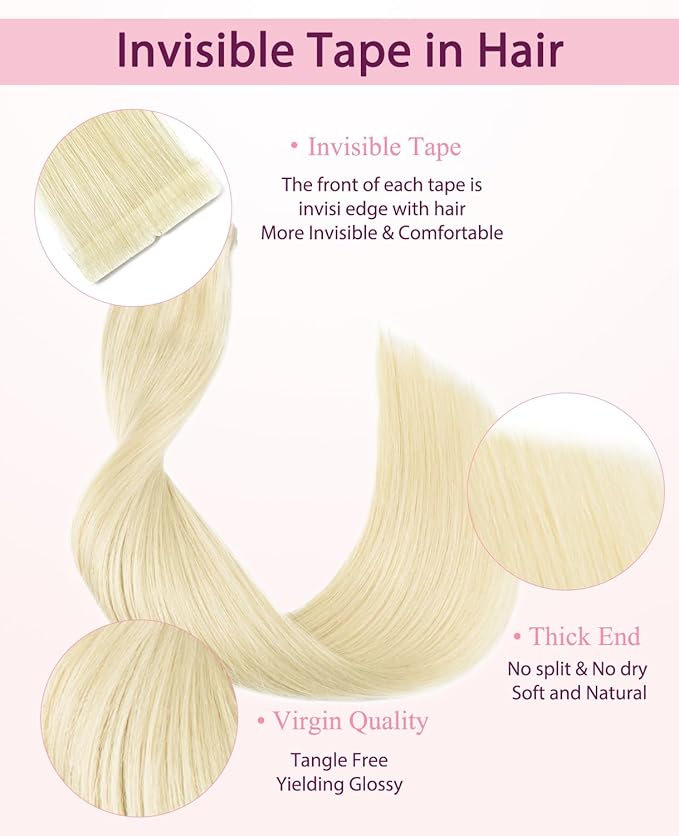 Pinkpearl Invisible Tape in Hair Extensions Human Hair, 20pcs 14inch 40g #60 Platinum Blonde Injection Tape in Extensions Real Remy Straight Seamless Silky Human Hair Injected