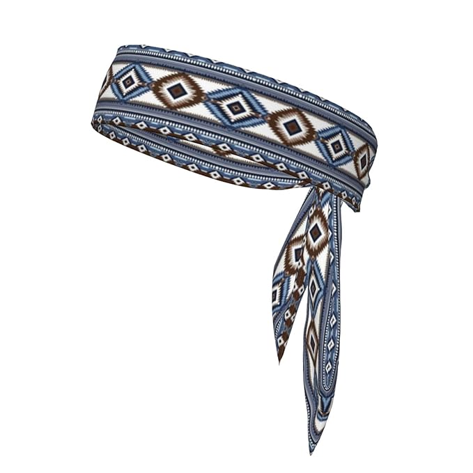 Men's Women Lovely Sports Sweat Band Hair Decor for Sports Workout Spa, Long Boho Style Colorful Surf Blue Tribal Navajo Aztec Geometric Ethnic Pattern Head Ribbon Headwear