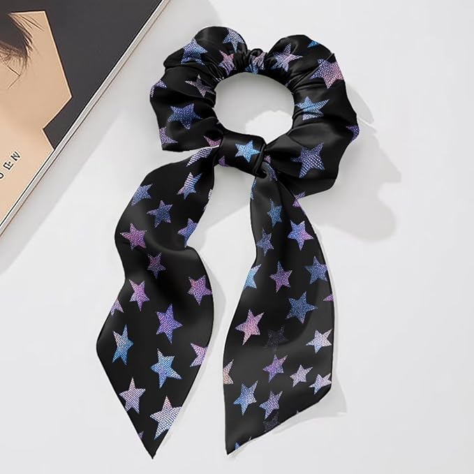 Star Hair Scarf for Women Ponytail Scrunchies Fashion Travel Accessory 2 Pcs Silky Hair Scrunchy Ribbon Scrunchies Ponytail Holder