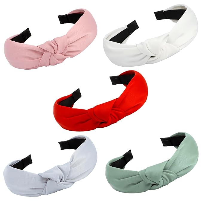 VELSCRUN 5 Pack Satin Headbands, Wide Knotted Headbands for Women - Soft, Non Slip Hair Bands, Hair Accessories for Womens, Sisters, Girls, Fashion Headband