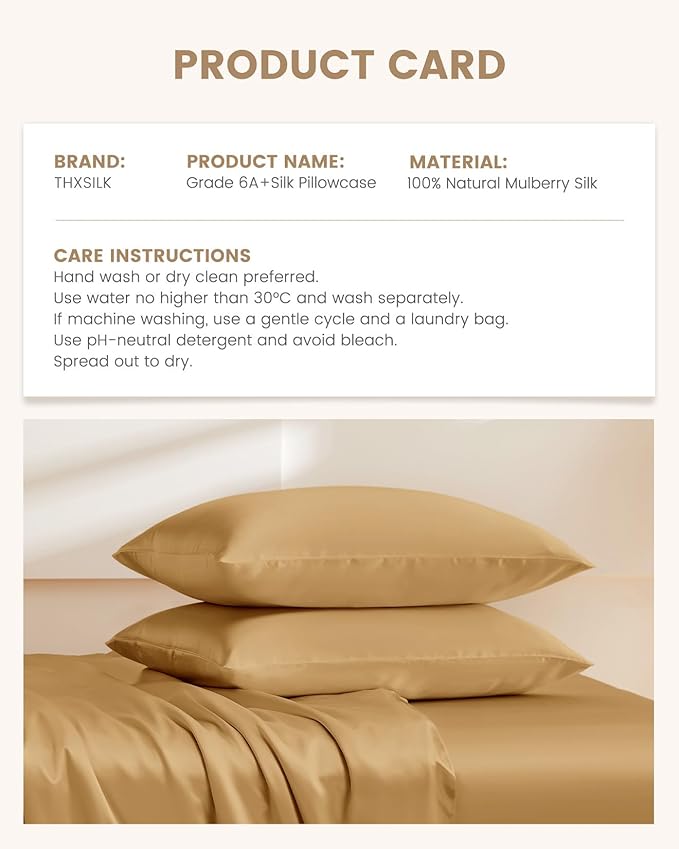 THXSILK Silk Pillowcase for Hair and Skin, 100% Mulberry Silk Bed Pillowcase with Zipper, Hypoallergenic Soft Breathable Pillow Case with Hidden Zipper, King Pillow Case 20"x36" (Metallic Gold)
