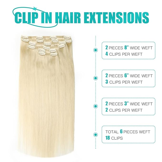 SURNEL Clip in Extensions Human Hair Platinum Blonde Hair Extensions Real Human Hair Clip ins 20 Inch 6pcs 120g (#60,20'')