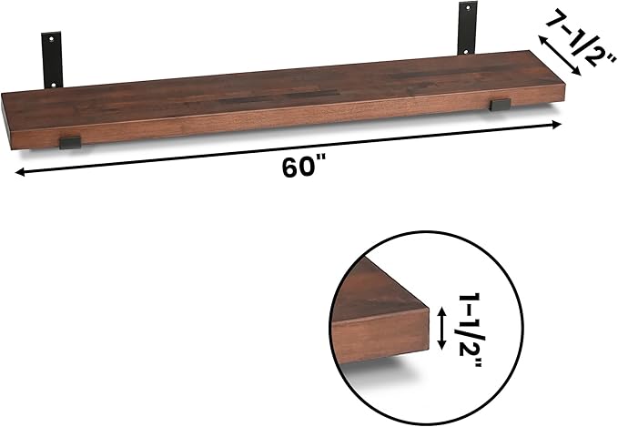 CONSDAN Floating Shelf for Wall Mounted Book Shelf Hanging Shelves Floating Bookshelf for Bedroom, Bathroom, Living Room, Kitchen USA Grown Solid Hardwood, Dark Maple 60x7.5x1.5 in