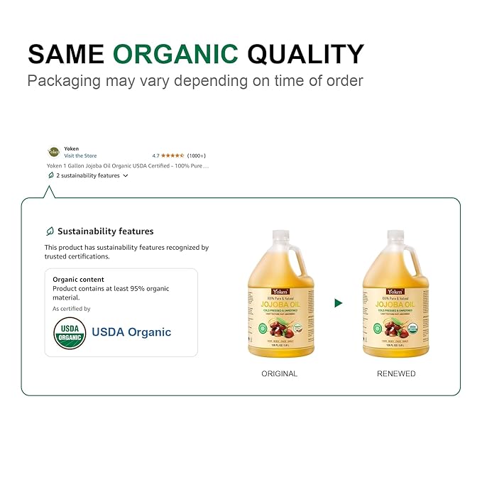 1 Gallon Jojoba Oil EWG Verified - 100% Pure Jojoba Oils Bulk Cold Pressed Unrefined Hexane Free Virgin Golden jojoba Carrier Oil for Hair Skin Massage DIY Natural Body Moisturizer