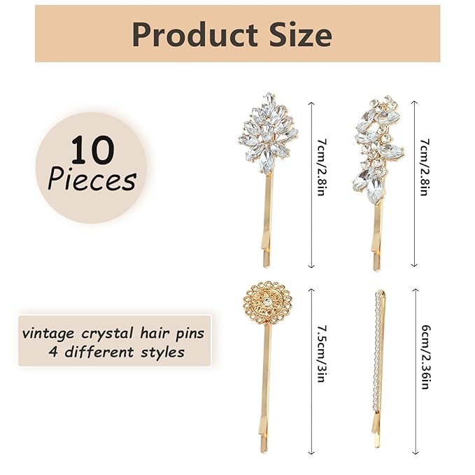 10 Pieces Rhinestone Hair Clips, Crystal Bobby Hair Pins Decorative Rhinestone Hair Barrettes for Wedding, Leaf Feather Sunflower Hair Clips Metal Hair Accessories for Women,4 Styles(Gold)