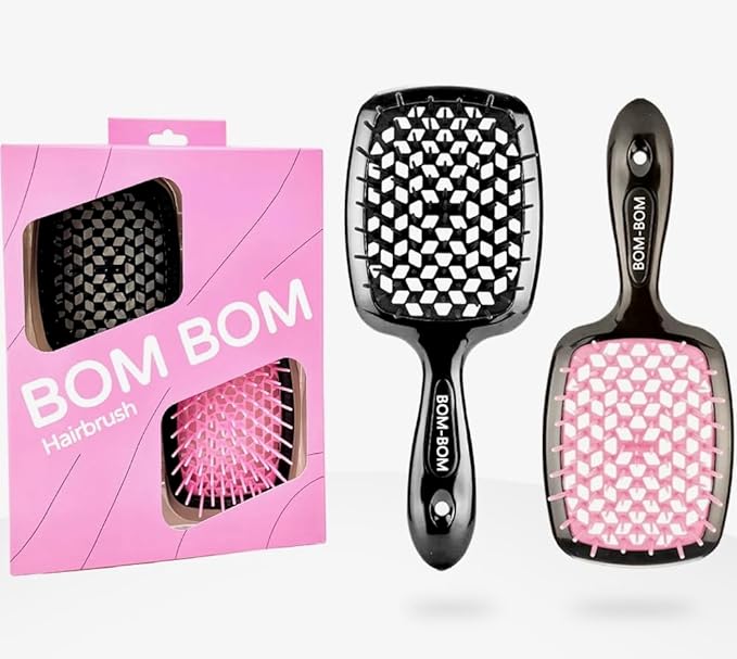 BOM BOM 2 Unit Kit, Wet And Dry Vented Detangling Hair Brush For All Hair Types, Light Weight Hairbrush, Scalp Massage Brush (Light pink black)